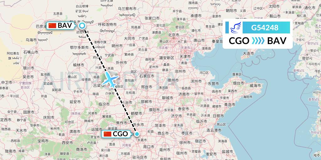 G54248 China Express Airlines Flight Map: Zhengzhou to Baotou