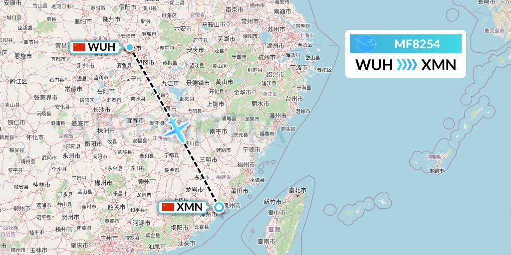 MF8254 Xiamen Airlines Flight Map: Wuhan to Xiamen