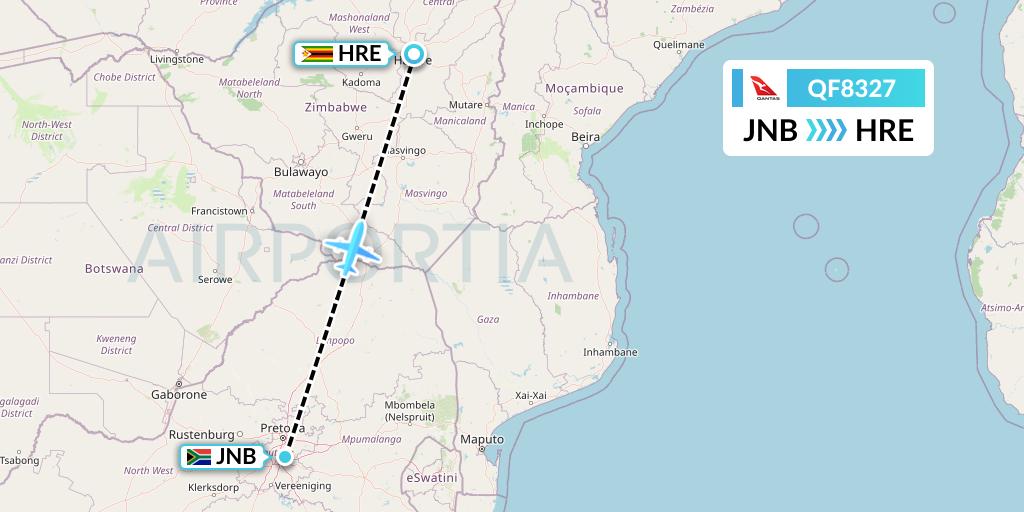 QF8327 Qantas Flight Map: Johannesburg to Harare
