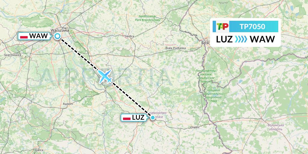 TP7050 TAP Portugal Flight Map: Lublin to Warsaw