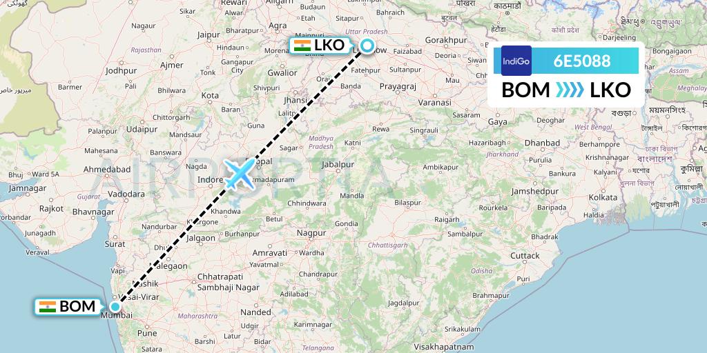 6E5088 IndiGo Airlines Flight Map: Mumbai to Lucknow
