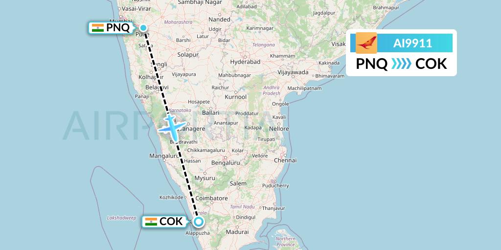 AI9911 Air India Flight Map: Pune to Cochin