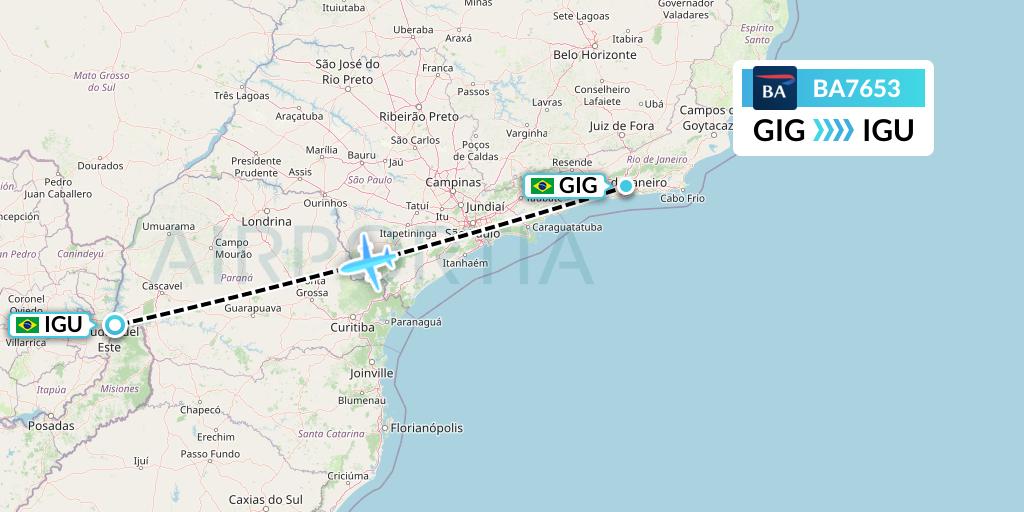 BA7653 British Airways Flight Map: Rio de Janeiro to Foz do Iguacu