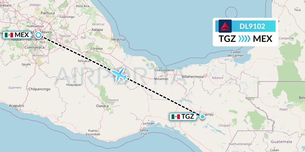 DL9102 Delta Air Lines Flight Map: Tuxtla Gutierrez to Mexico City