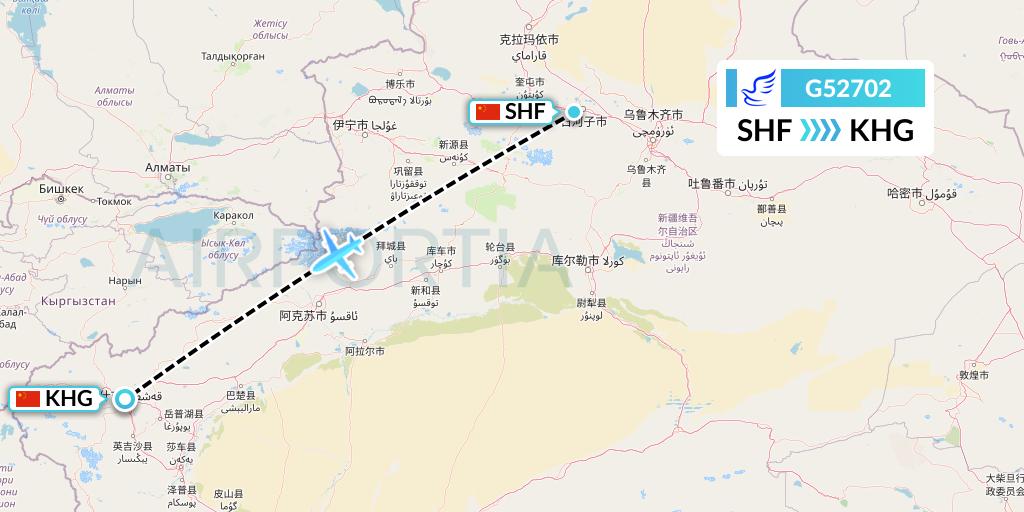 G52702 China Express Airlines Flight Map: Shihezi to Kashgar