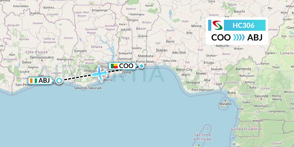 HC306 Air Senegal Flight Map: Cotonou to Abidjan