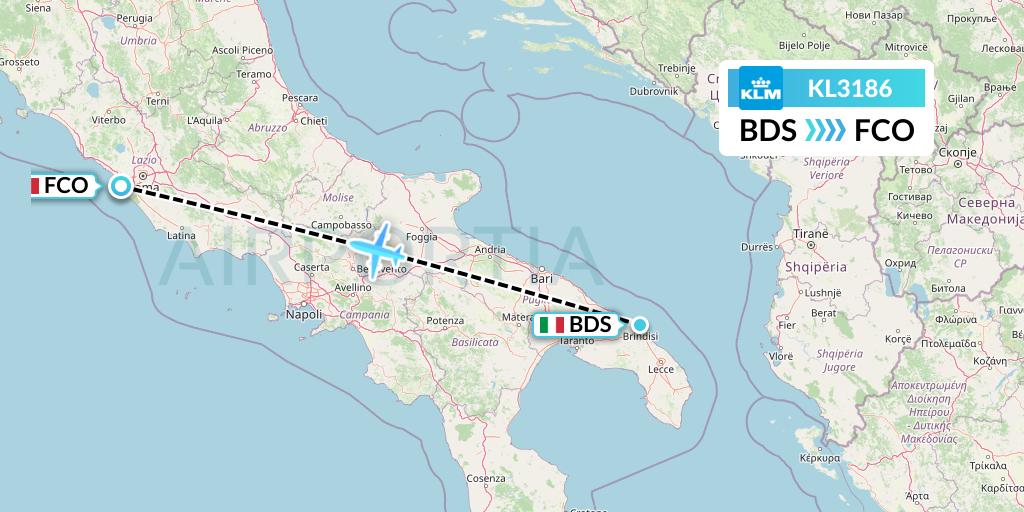 KL3186 KLM Flight Map: Brindisi to Rome