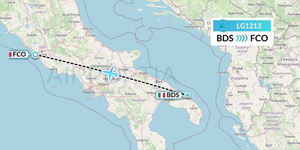 LG1213 Luxair Flight Map: Brindisi to Rome
