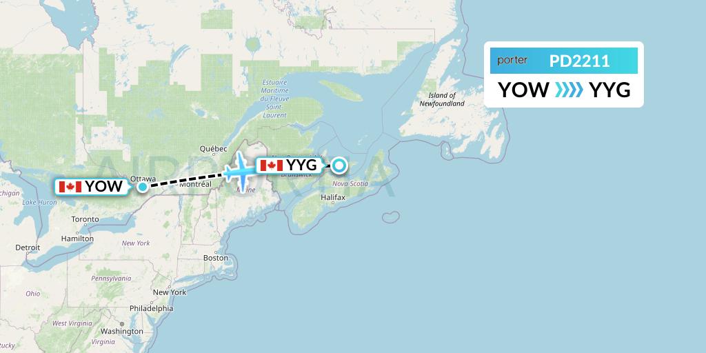 PD2211 Porter Airlines Flight Map: Ottawa to Charlottetown