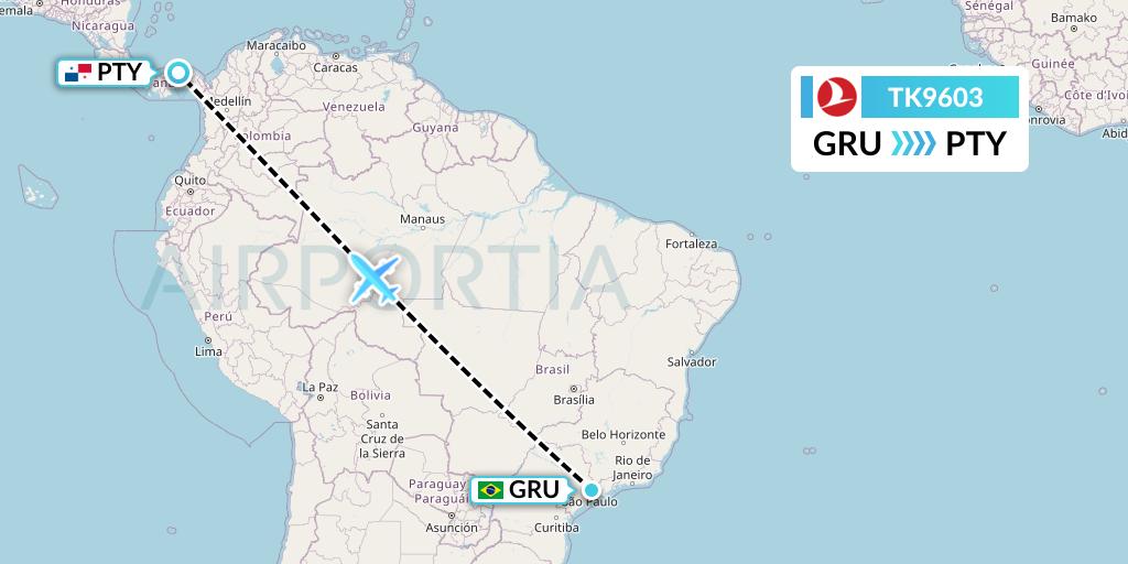 TK9603 Turkish Airlines Flight Map: Sao Paulo to Panama City
