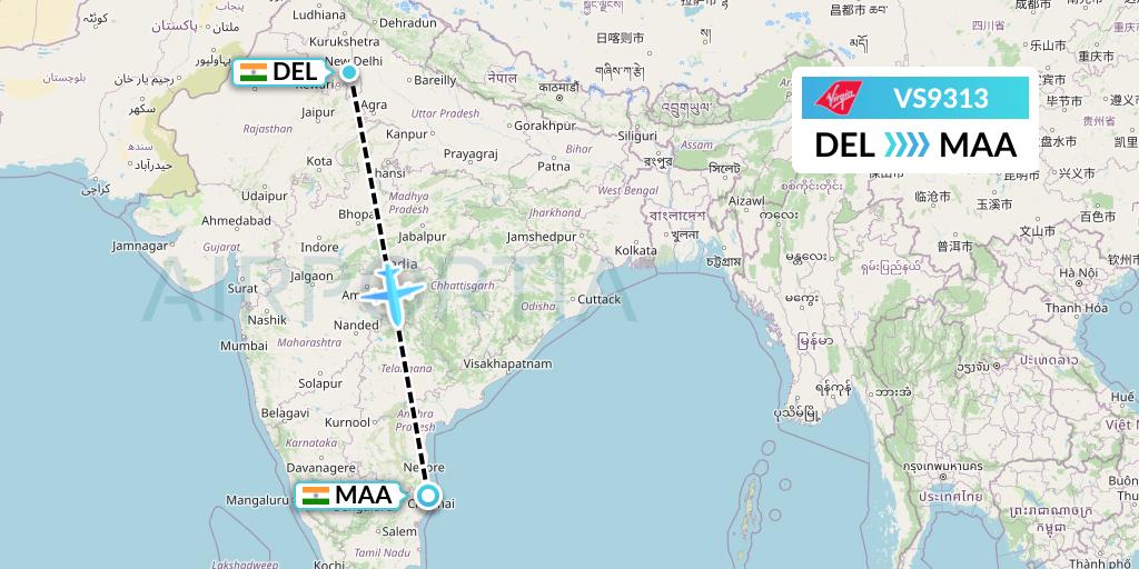 VS9313 Virgin Atlantic Airways Flight Map: Delhi to Chennai