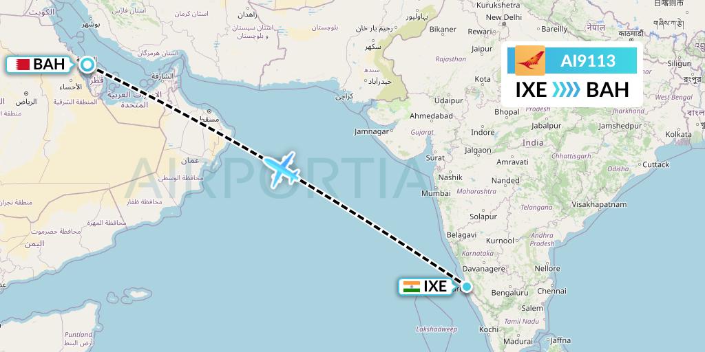 AI9113 Air India Flight Map: Mangalore to Bahrain