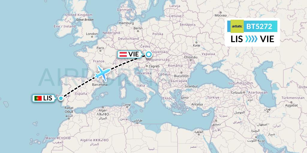 BT5272 Air Baltic Flight Map: Lisbon to Vienna