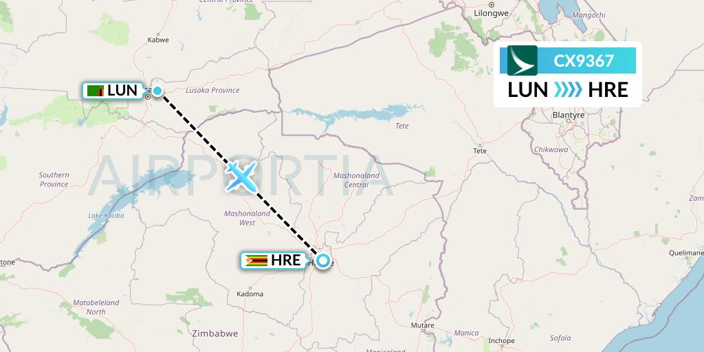 CX9367 Cathay Pacific Flight Map: Lusaka to Harare
