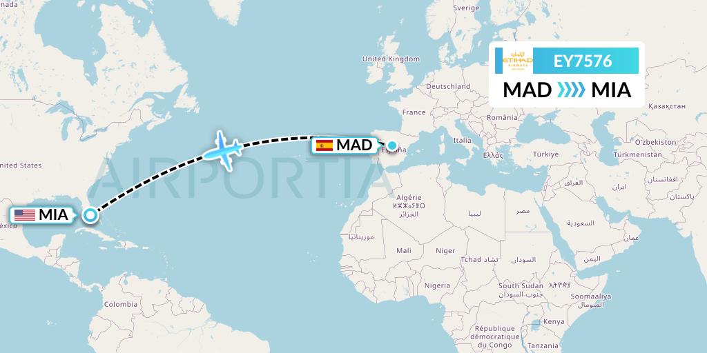 EY7576 Etihad Airways Flight Map: Madrid to Miami