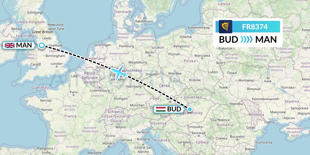 FR8374 Ryanair Flight Map: Budapest to Manchester
