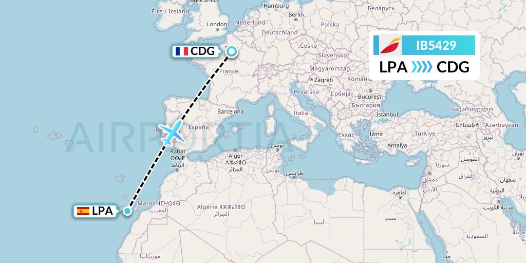 IB5429 Iberia Flight Map: Las Palmas to Paris