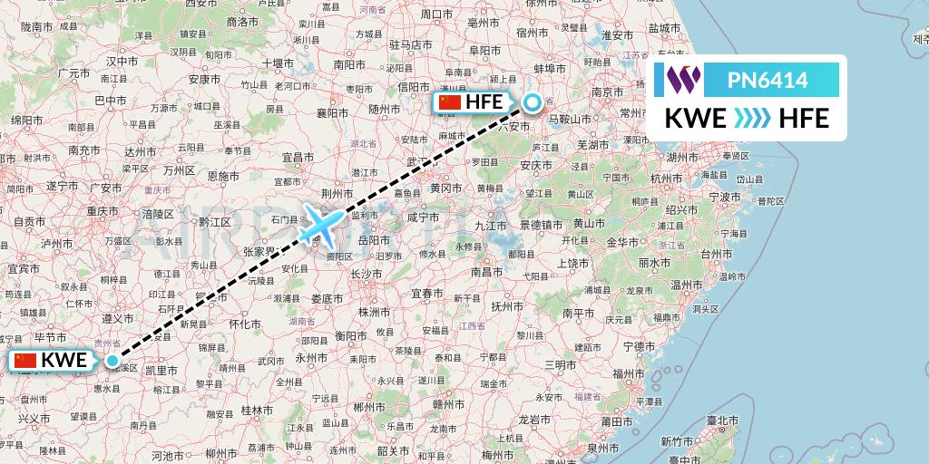 PN6414 China West Air Flight Map: Guiyang to Hefei
