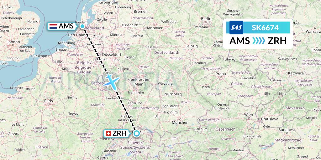 SK6674 SAS Flight Map: Amsterdam to Zurich