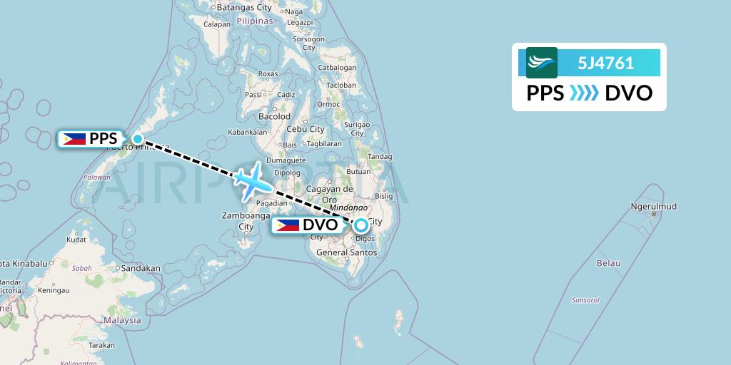 5J4761 CEBU Pacific Air Flight Map: Puerto Princesa City to Davao City
