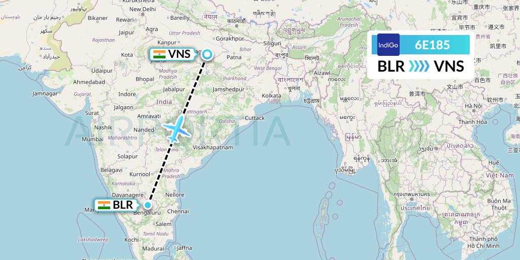 6E185 IndiGo Airlines Flight Map: Bangalore to Varanasi