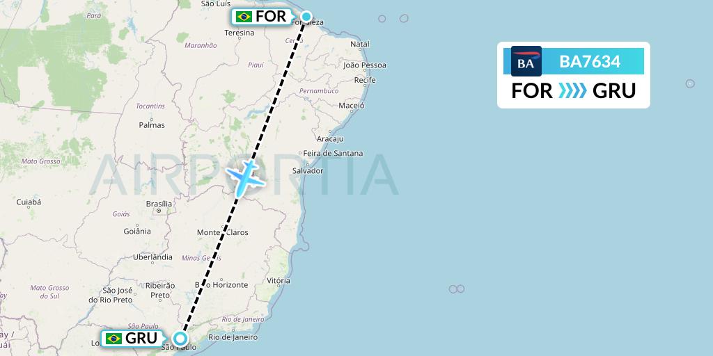 BA7634 British Airways Flight Map: Fortaleza to Sao Paulo