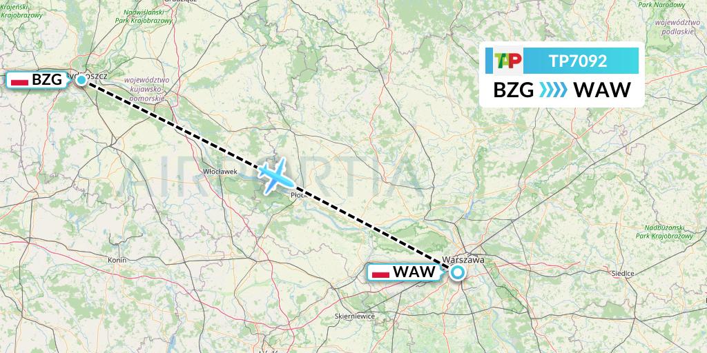 TP7092 TAP Portugal Flight Map: Bydgoszcz to Warsaw