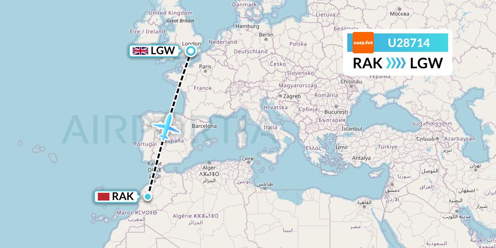 U28714 EasyJet Flight Map: Marrakesh to London