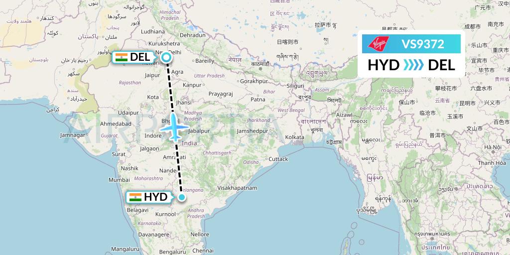 VS9372 Virgin Atlantic Airways Flight Map: Hyderabad to Delhi