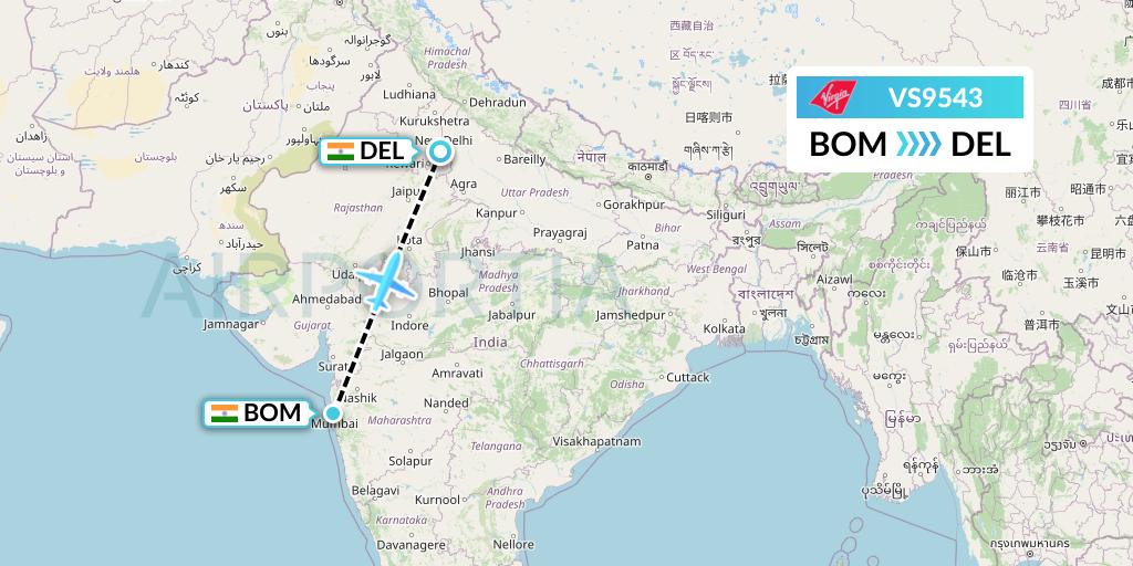 VS9543 Virgin Atlantic Airways Flight Map: Mumbai to Delhi