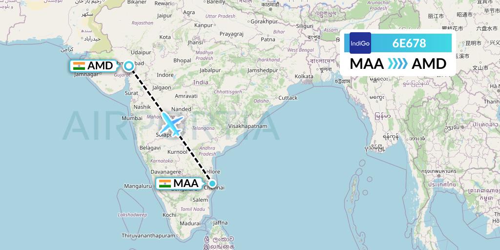 6E678 IndiGo Airlines Flight Map: Chennai to Ahmedabad