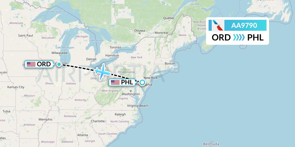 AA9790 American Airlines Flight Map: Chicago to Philadelphia