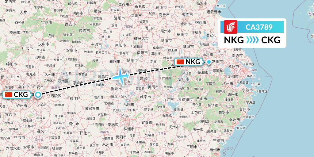 CA3789 Air China Flight Map: Nanjing to Chongqing