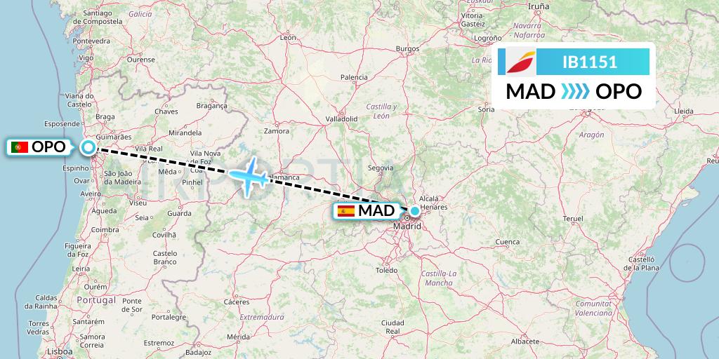 IB1151 Iberia Flight Map: Madrid to Porto