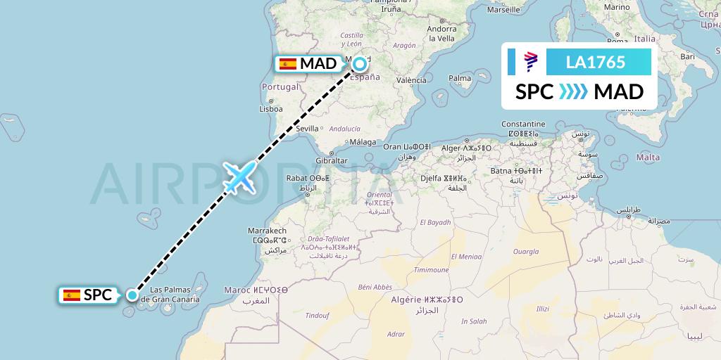 LA1765 LAN Airlines Flight Map: La Palma to Madrid