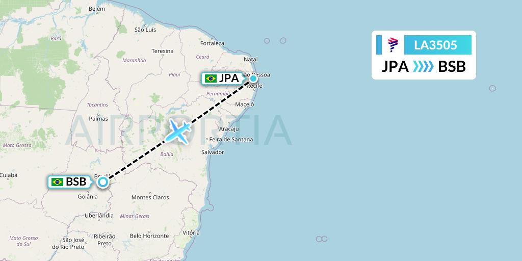 LA3505 LAN Airlines Flight Map: Joao Pessoa to Brasilia