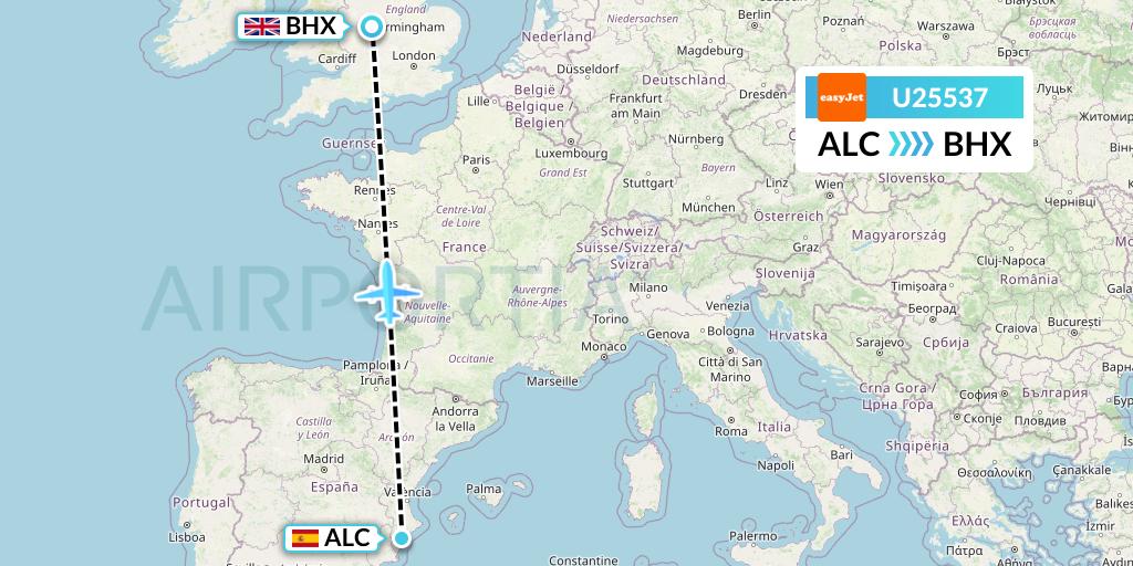 U25537 EasyJet Flight Map: Alicante to Birmingham