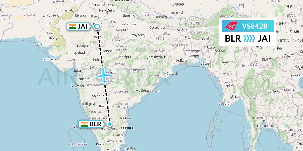 VS8428 Virgin Atlantic Airways Flight Map: Bangalore to Jaipur