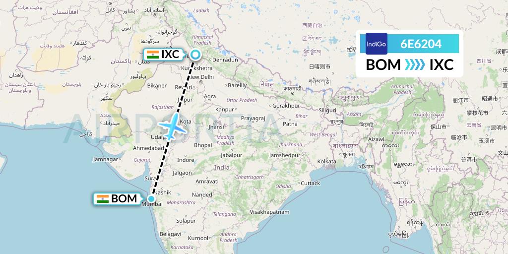 6E6204 IndiGo Airlines Flight Map: Mumbai to Chandigarh