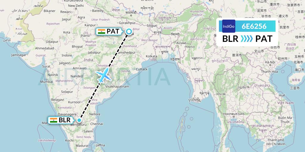 6E6256 IndiGo Airlines Flight Map: Bangalore to Patna