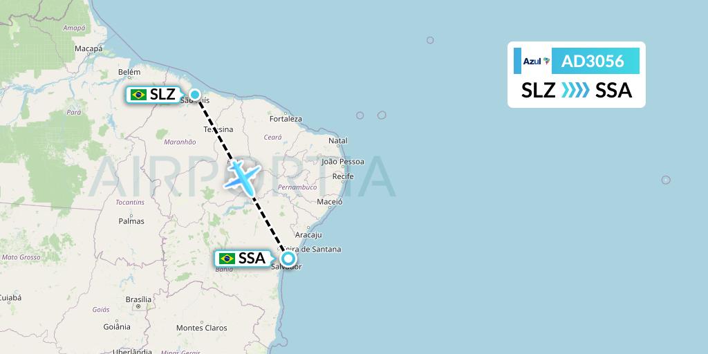 AD3056 Azul Brazilian Airlines Flight Map: Sao Luis to Salvador