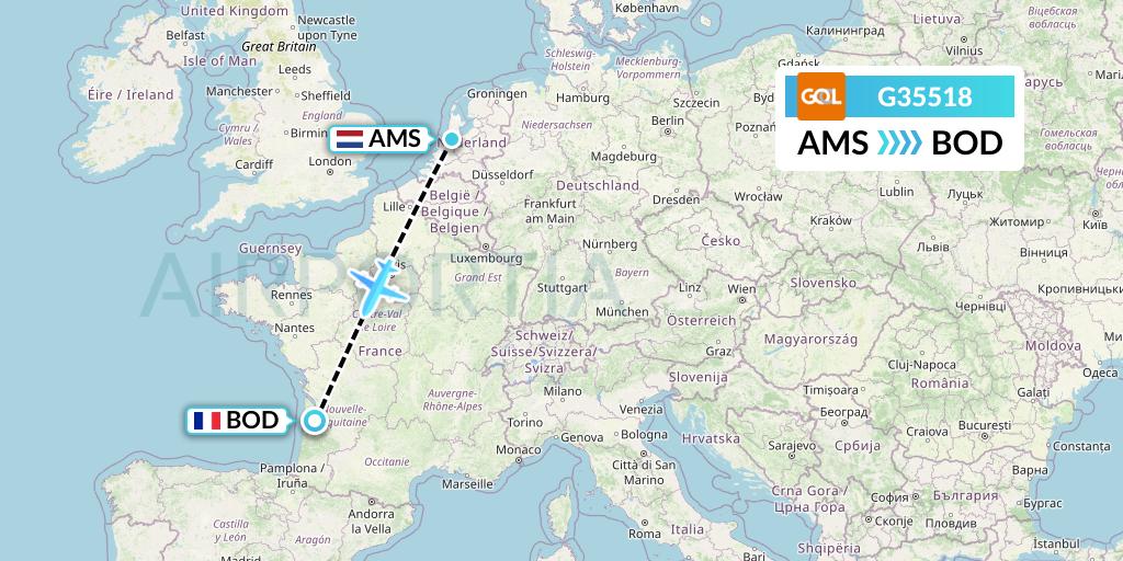 G35518 GOL Transportes Aeros Flight Map: Amsterdam to Bordeaux