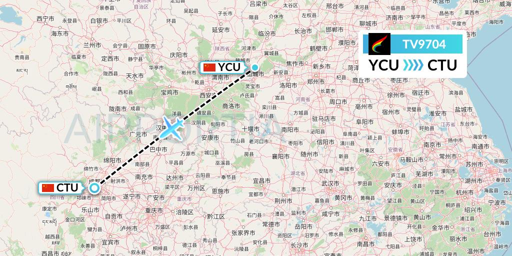 TV9704 Tibet Airlines Flight Map: Yuncheng to Chengdu