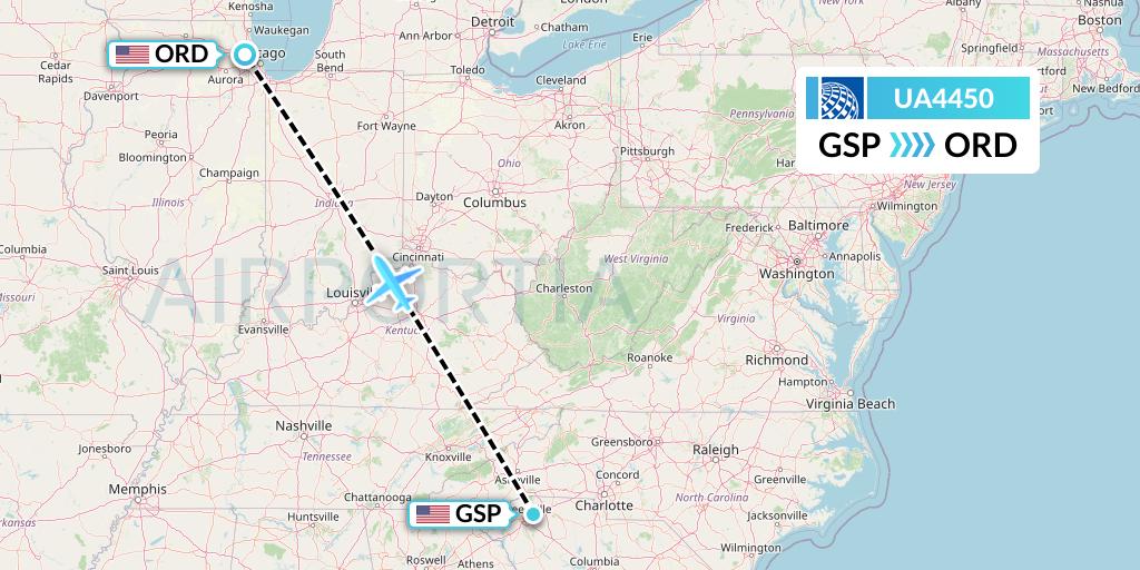 UA4450 United Airlines Flight Map: Greenville-Spartanburg to Chicago