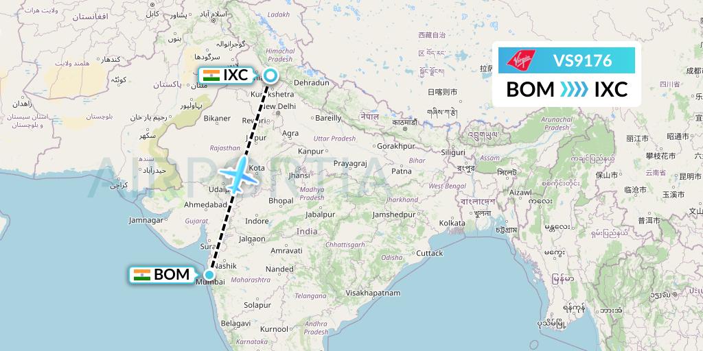 VS9176 Virgin Atlantic Airways Flight Map: Mumbai to Chandigarh