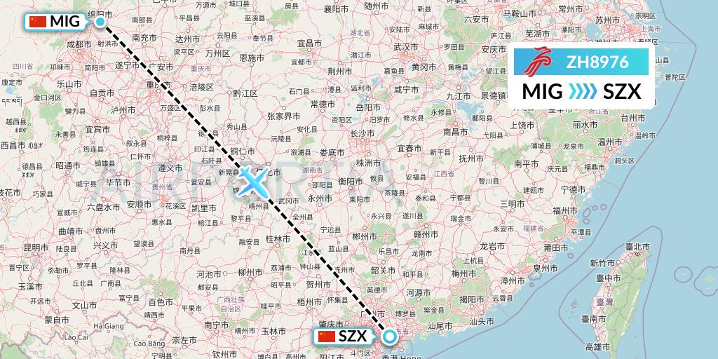ZH8976 Shenzhen Airlines Flight Map: Mianyang to Shenzhen