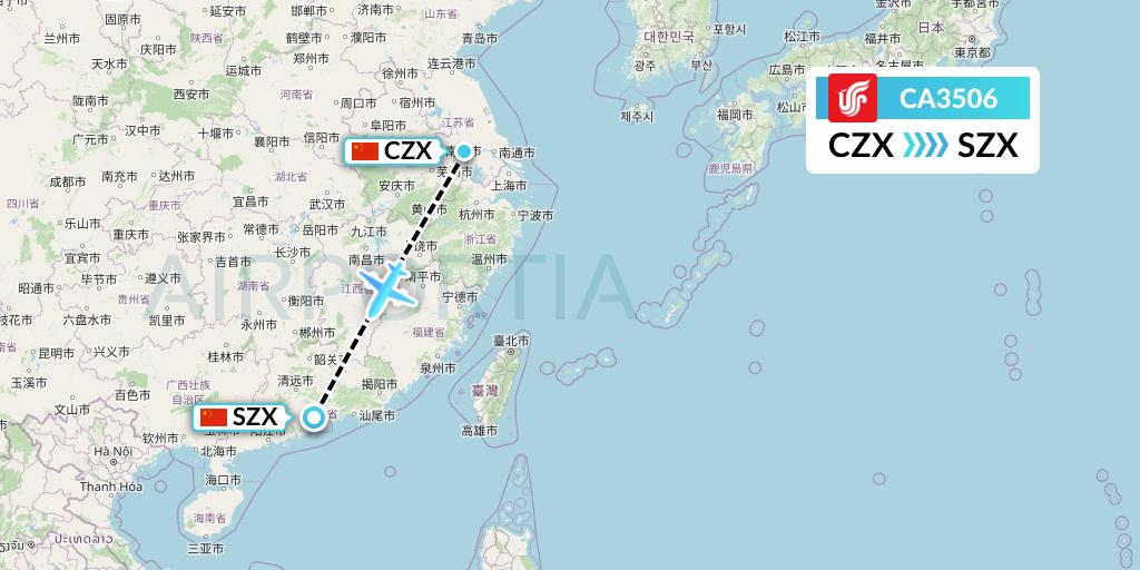 CA3506 Air China Flight Map: Changzhou to Shenzhen