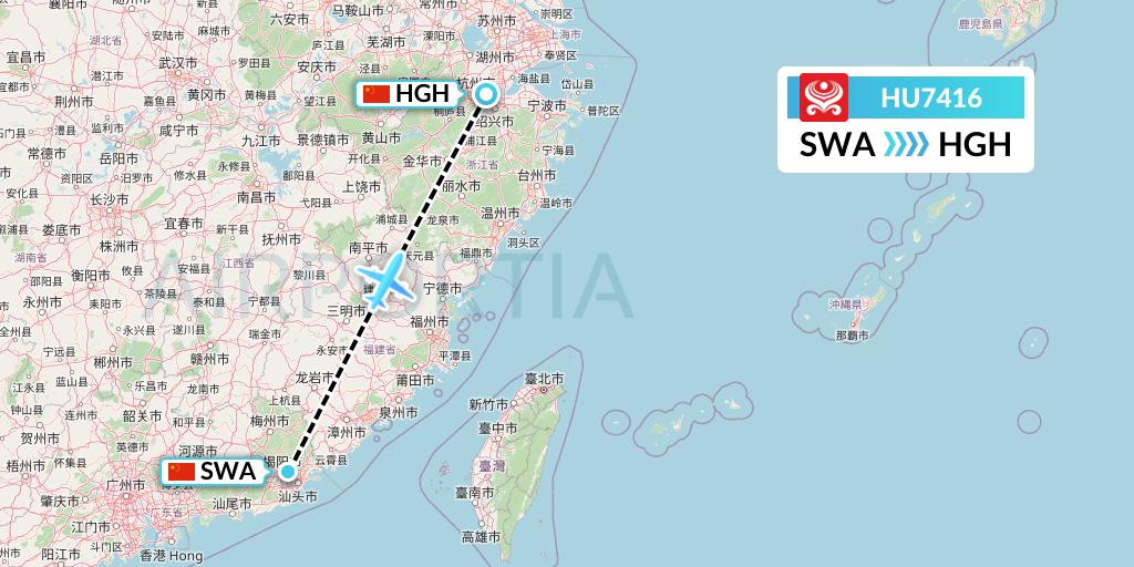 HU7416 Hainan Airlines Flight Map: Jieyang to Hangzhou