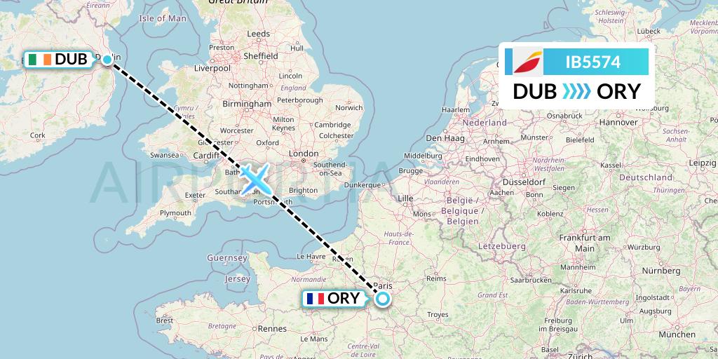 IB5574 Iberia Flight Map: Dublin to Paris