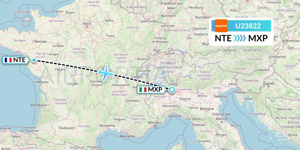 U23822 EasyJet Flight Map: Nantes to Milan